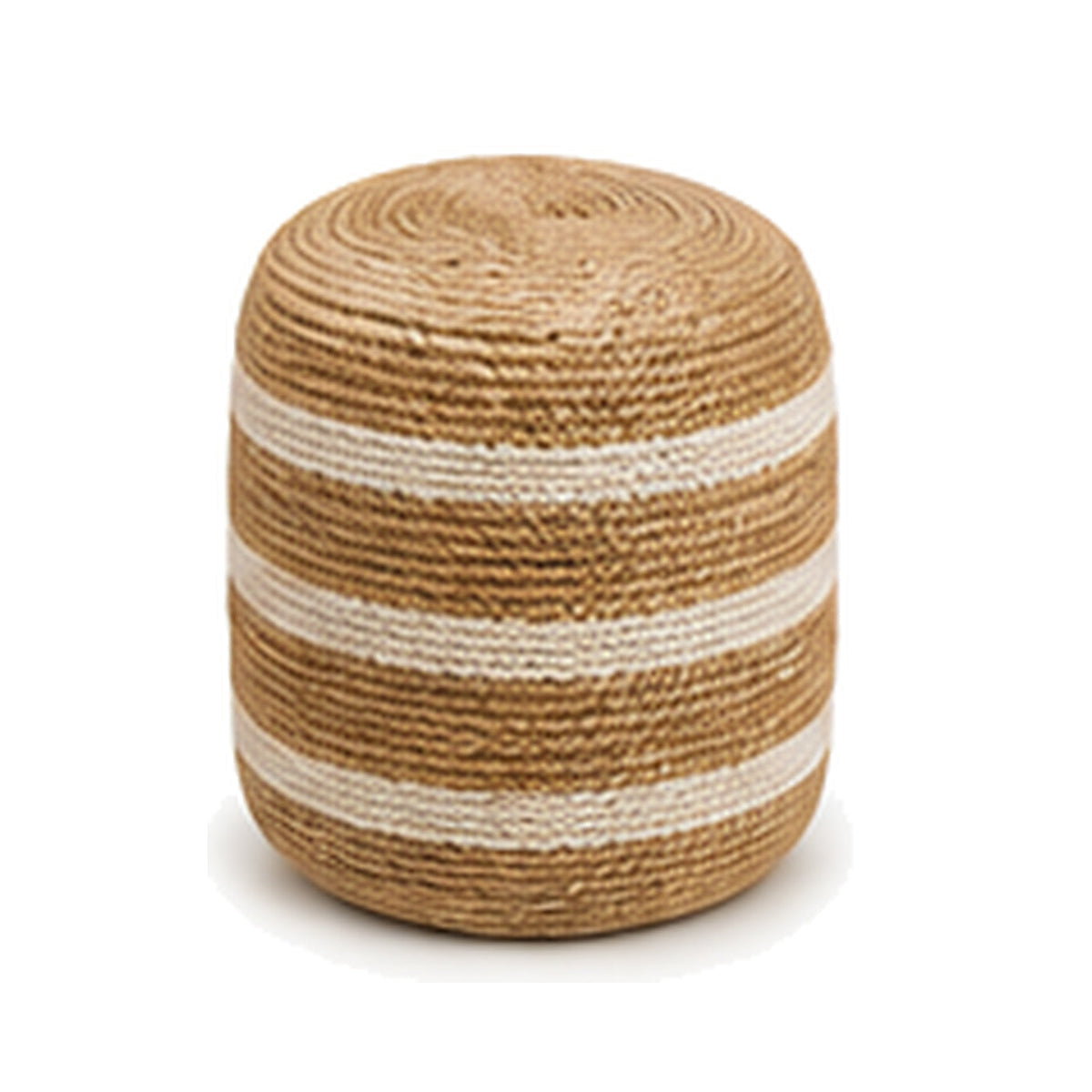 Natural jute with ivory horizontal stripes cylinder pouf ottoman on white background