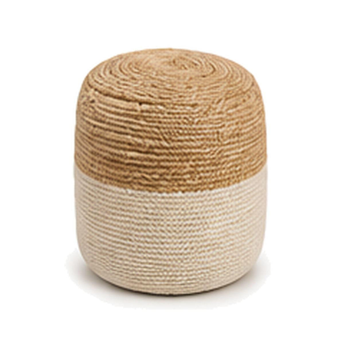 Natural jute and ivory lower half two tone cylinder pouf ottoman on white background