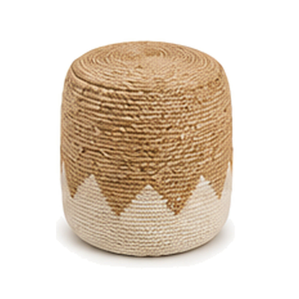Natural jute with ivory mountain border cylinder pouf ottoman on white background