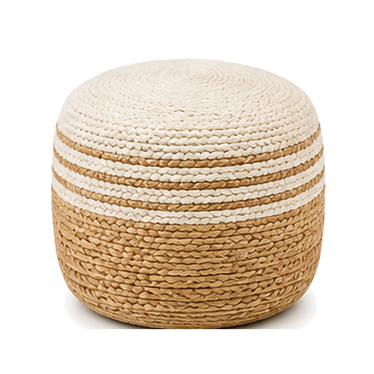 Natural jute with ivory multi stripe round pouf ottoman on white background
