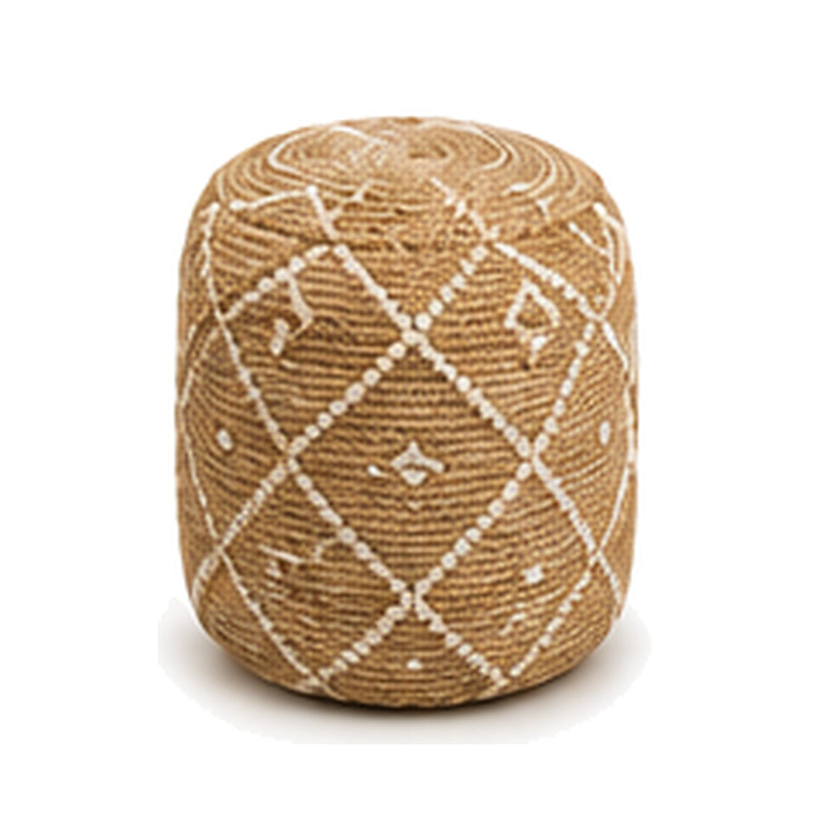Natural jute with ivory tribal diamond cylinder pouf ottoman on white background