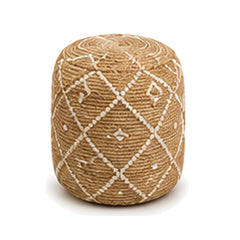 Natural jute with ivory tribal diamond cylinder pouf ottoman on white background
