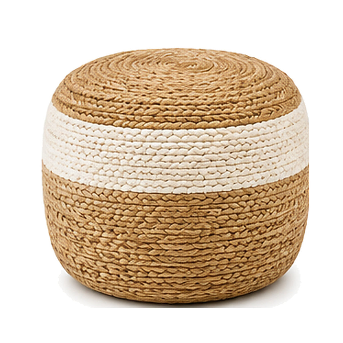 Natural jute and ivory wide centre band round pouf ottoman on white background