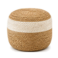 Natural jute and ivory wide centre band round pouf ottoman on white background