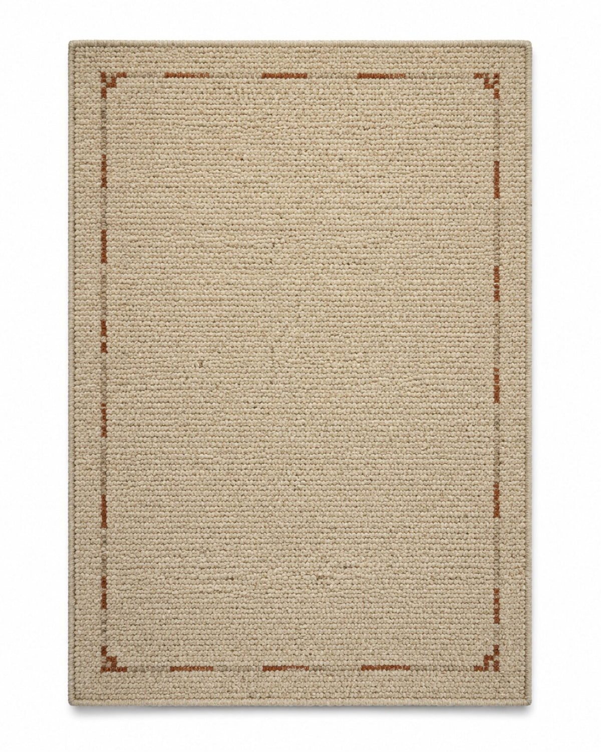 Natural neutral area rug with simple stitched-style border and clean minimalist center