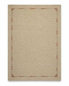 Natural neutral area rug with simple stitched-style border and clean minimalist center
