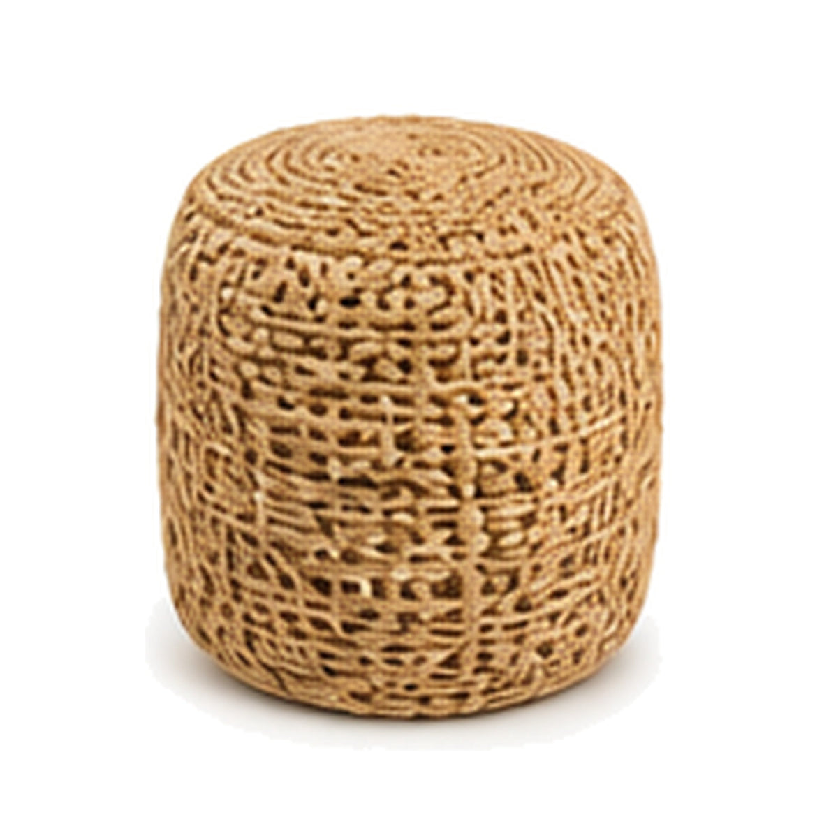 Natural open weave jute cylinder pouf ottoman on white background