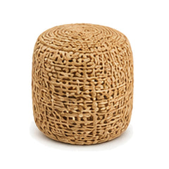 Natural open weave jute cylinder pouf ottoman on white background