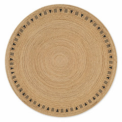 Natural round jute rug with black global geometric border for wholesale and private-label sourcing