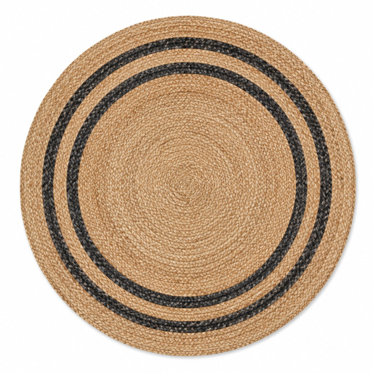 Natural round jute rug with charcoal rings for wholesale and private label buyers