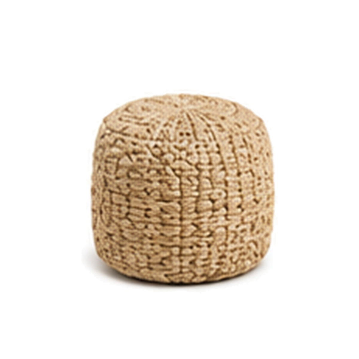 Natural tan chunky basket weave tall pouf ottoman on white background