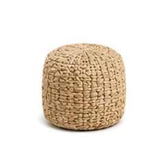Natural tan chunky basket weave tall pouf ottoman on white background