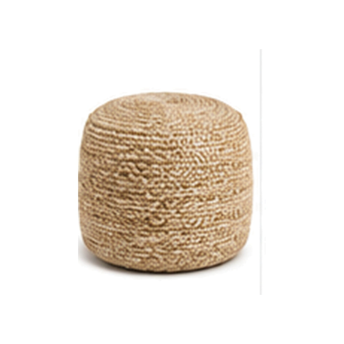 Natural tan chunky braided tall cylinder pouf ottoman on white background