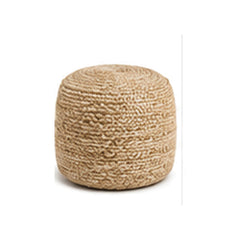 Natural tan chunky braided tall cylinder pouf ottoman on white background