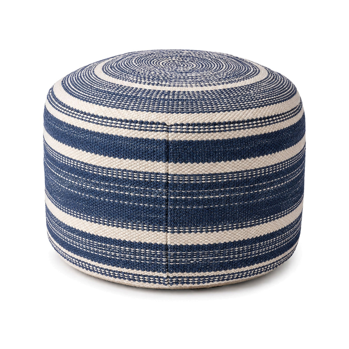 Navy and ivory horizontal stripe round pouf ottoman on white background