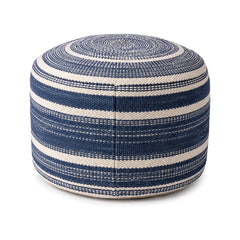 Navy and ivory horizontal stripe round pouf ottoman on white background