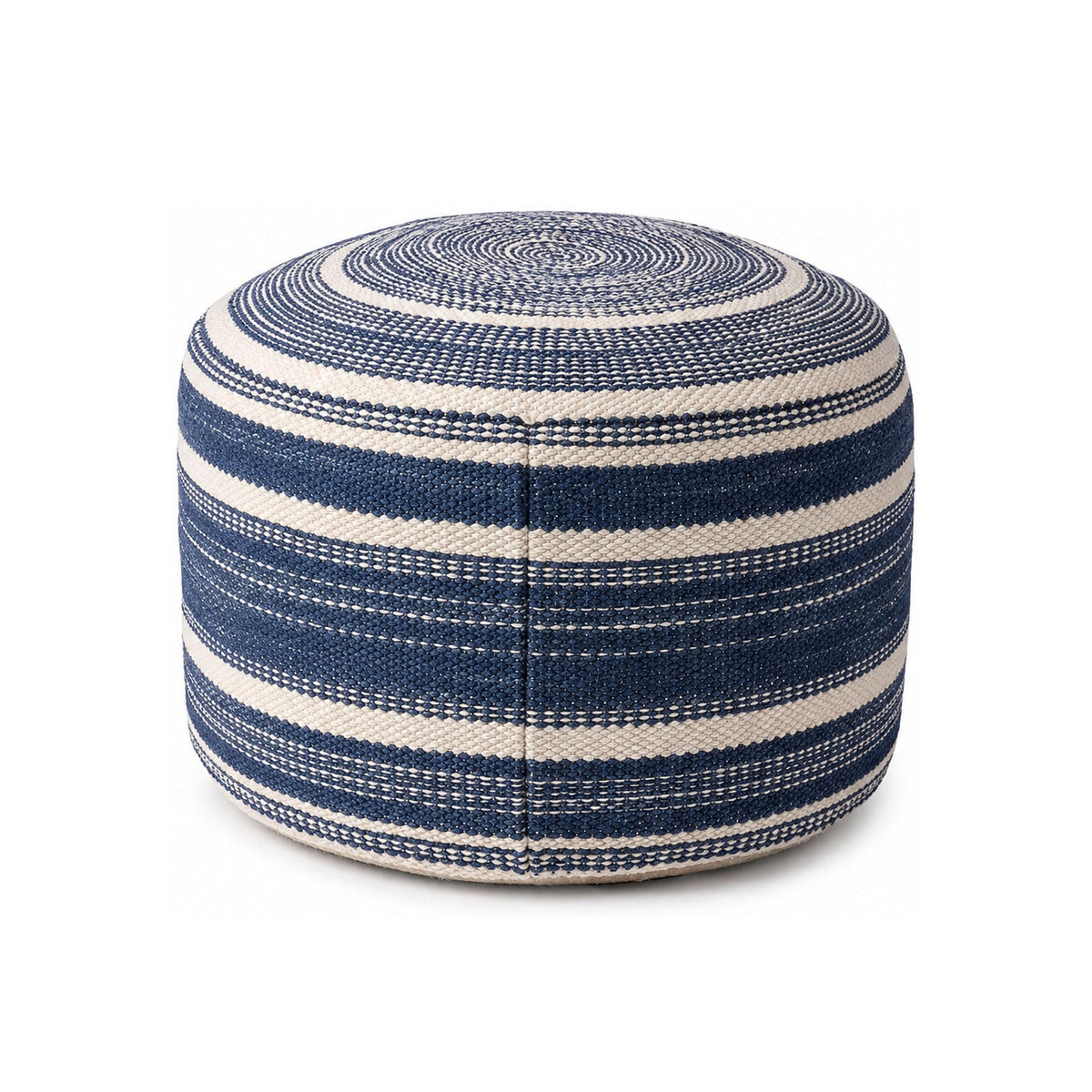 Navy, Ivory & Natural Multi-Stripe Knit Round Pouf Ottoman on white background