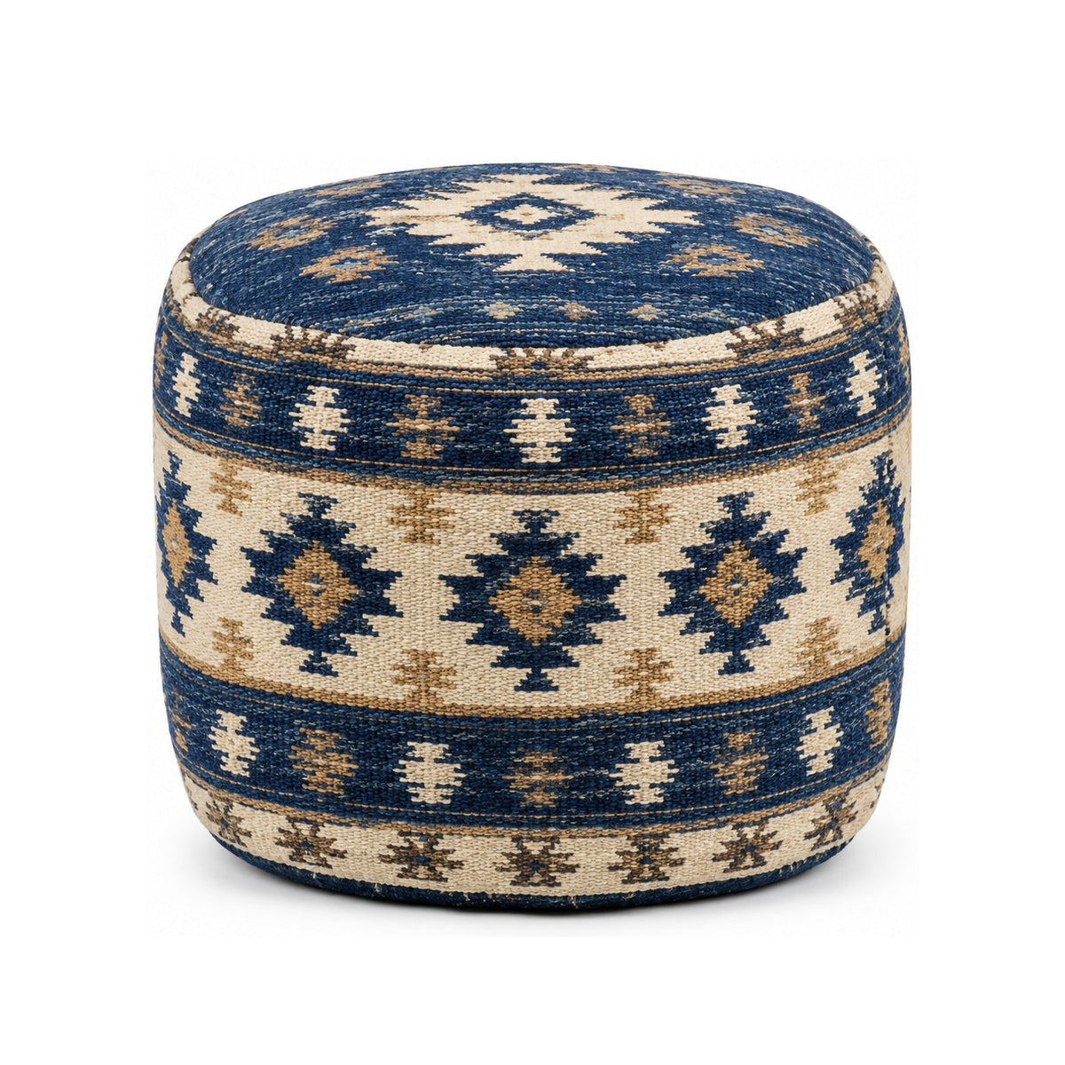 Navy & Ivory Tribal Kilim Round Pouf Ottoman on white background