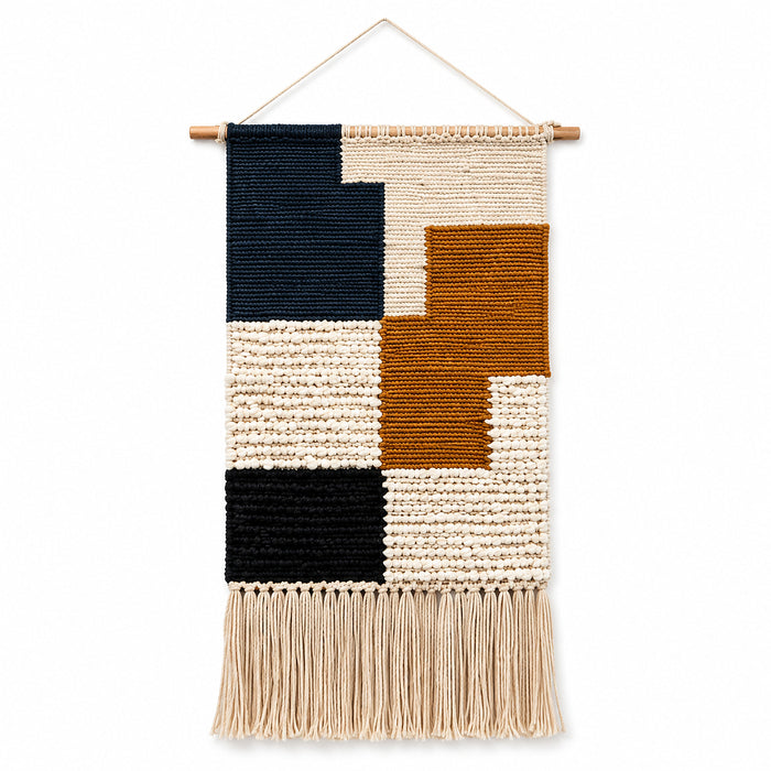 Navy rust black and ivory color block woven wall hanging with fringe by Primeval