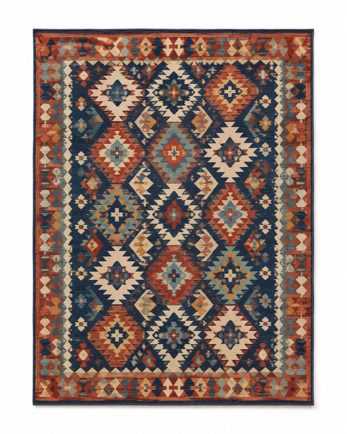 Navy and rust global diamond area rug with all-over geometric pattern for wholesale sourcing from India