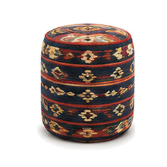 Navy rust and ivory horizontal band wool kilim cylinder pouf ottoman on white background
