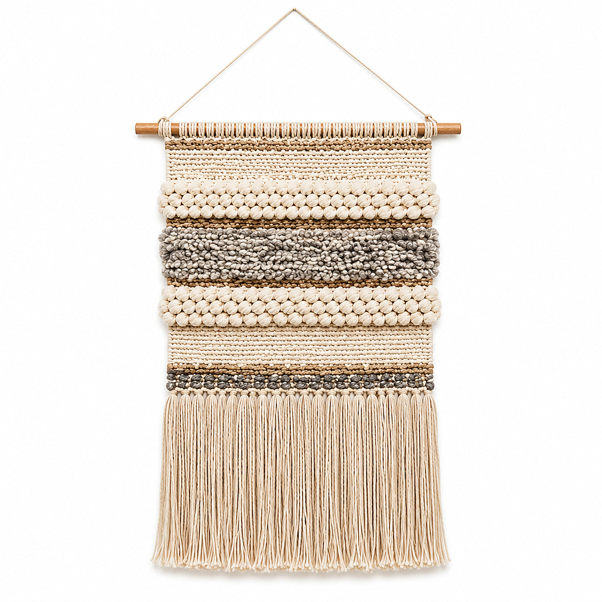 Neutral textured stripe cotton macrame wall hanging with fringe by Primeval