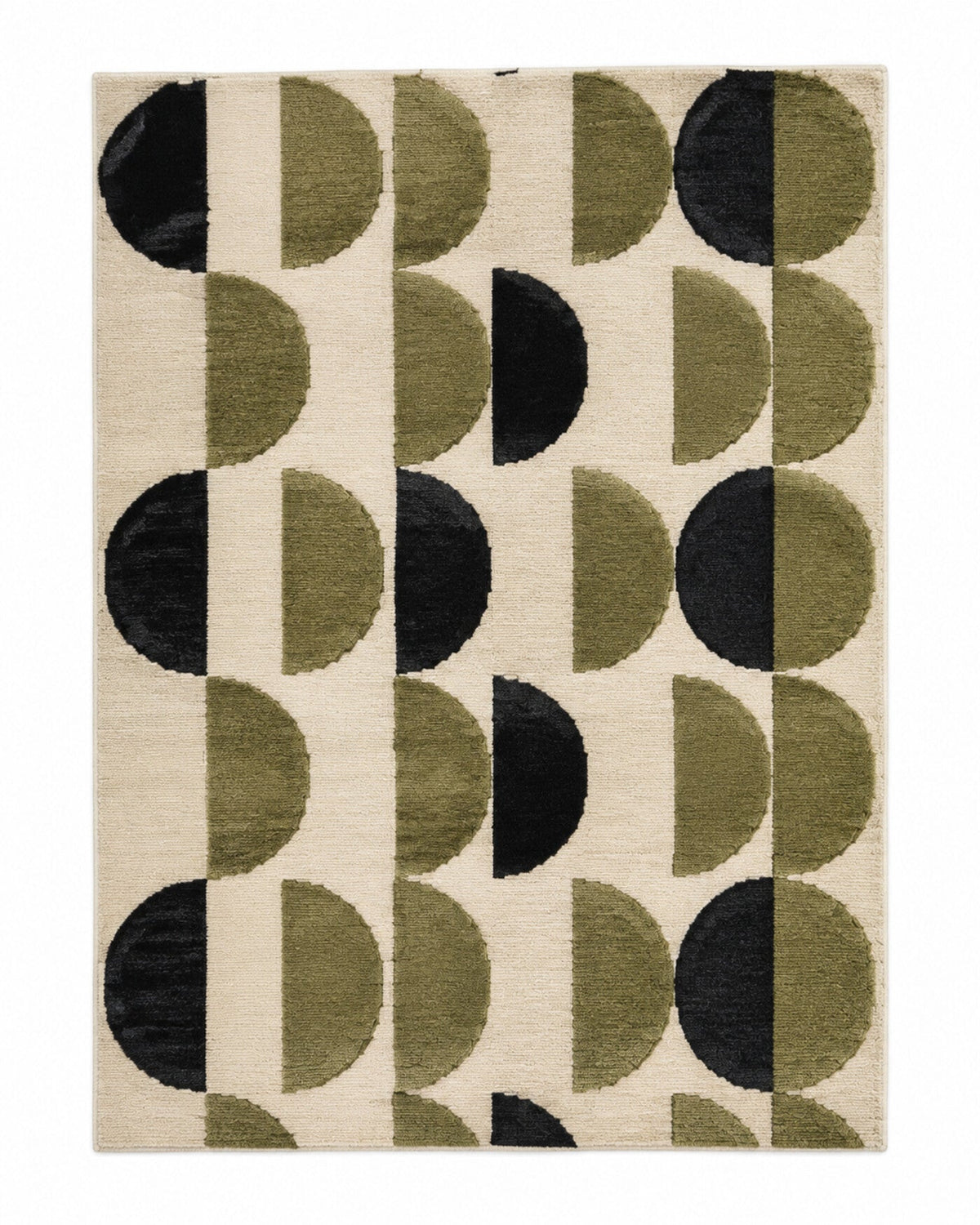 Olive, black and ivory half-moon geometric area rug for wholesale sourcing from India