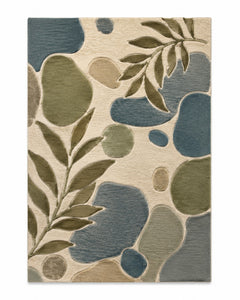 Olive, dusty blue and beige botanical organic area rug for wholesale sourcing from India