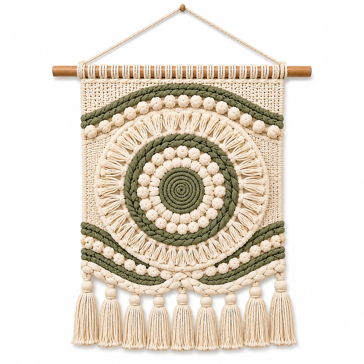 Olive and ivory circular tufted macrame wall hanging by Primeval