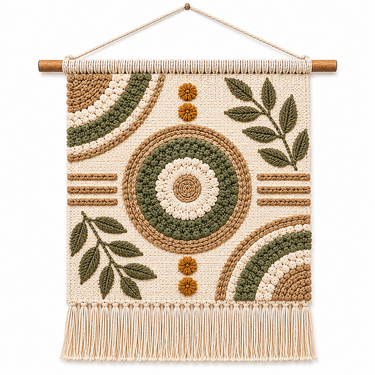 Olive and natural botanical circle cotton woven wall hanging by Primeval