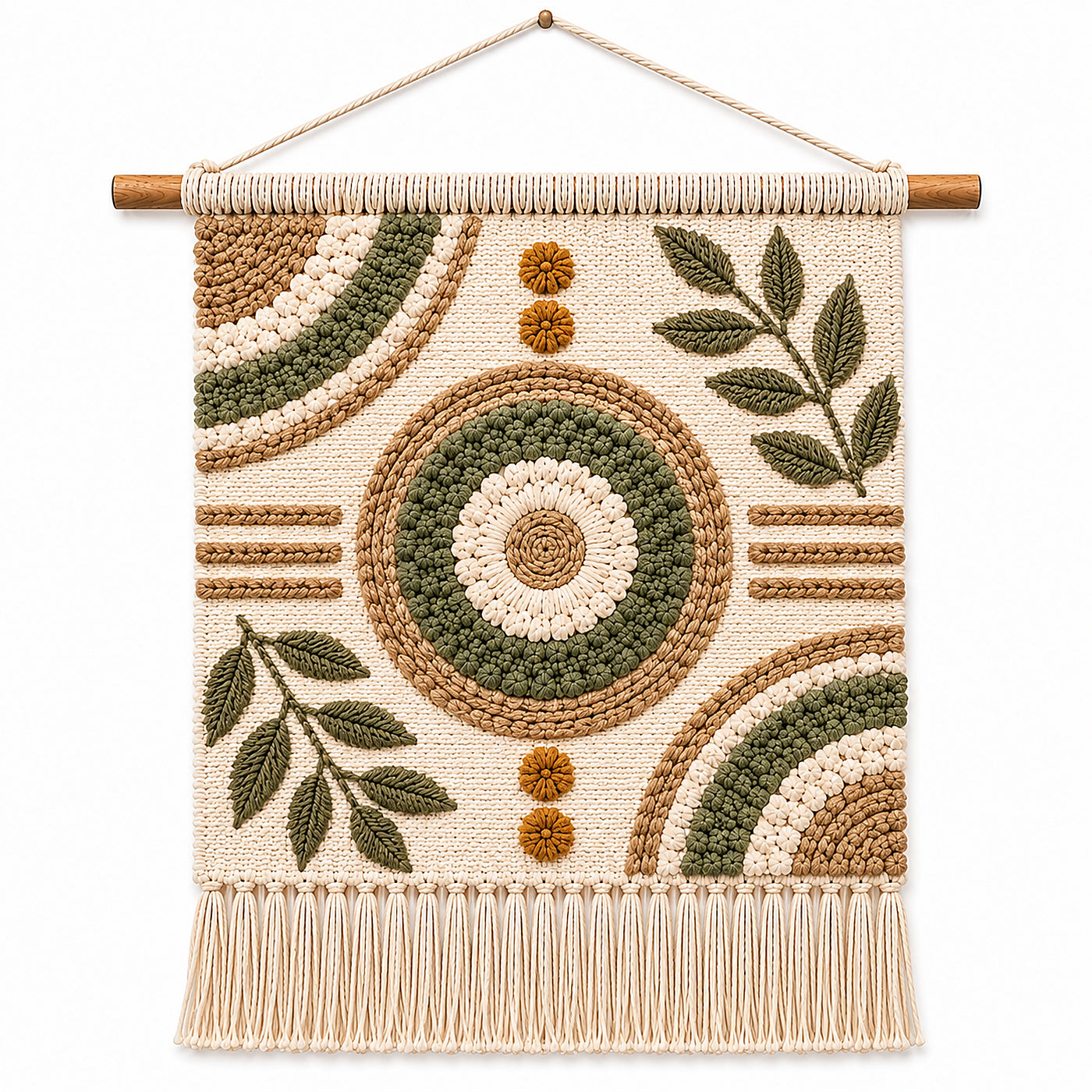 Olive and natural botanical circle cotton woven wall hanging by Primeval