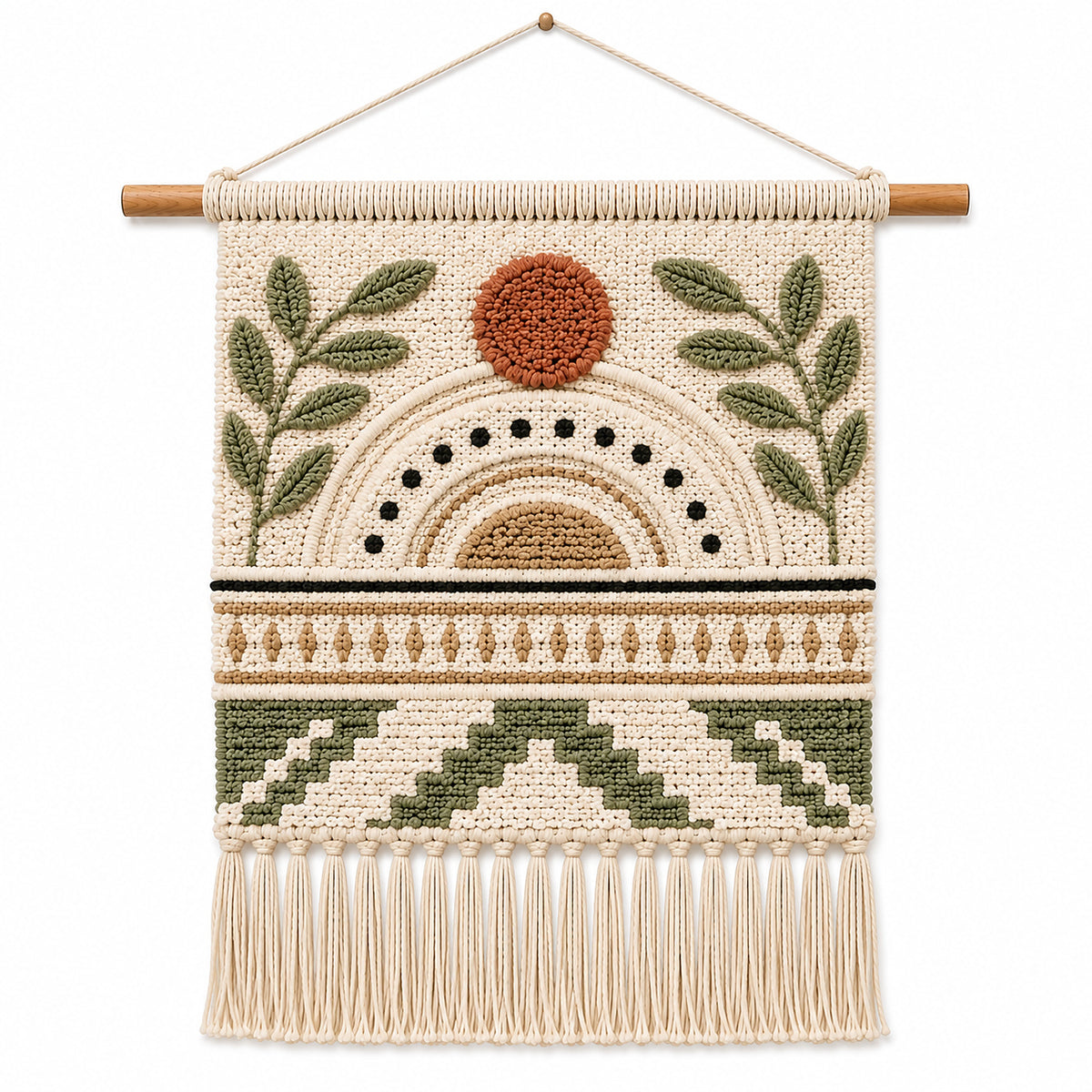 Olive and rust botanical sunrise cotton woven wall hanging by Primeval
