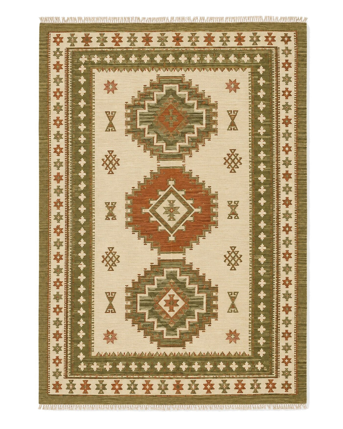 Olive rust and ivory heritage medallion kilim rug for wholesale sourcing from India