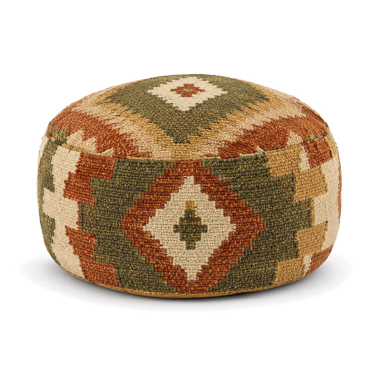 Olive, Rust & Natural Tribal Kilim-Style Round Pouf by Primeval on white background