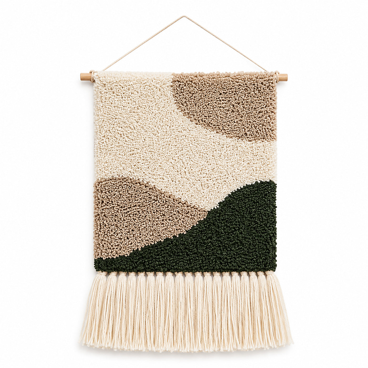 Olive taupe and ivory abstract tufted wall hanging with fringe by Primeval