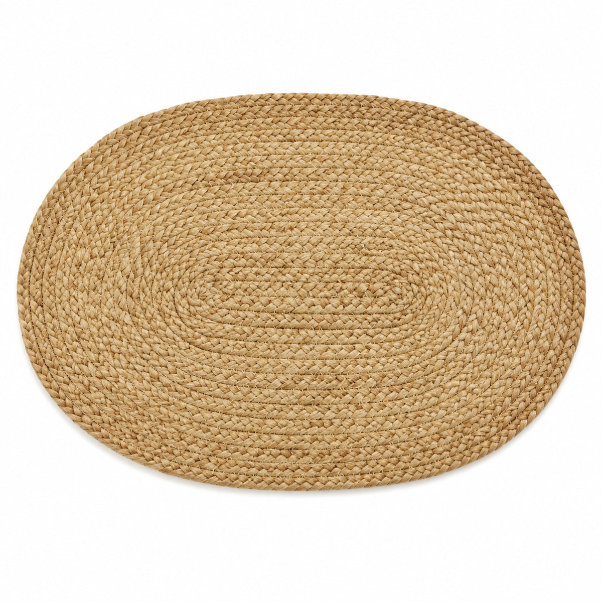 Oval natural jute braided placemat in warm tan with concentric handwoven texture by Primeval