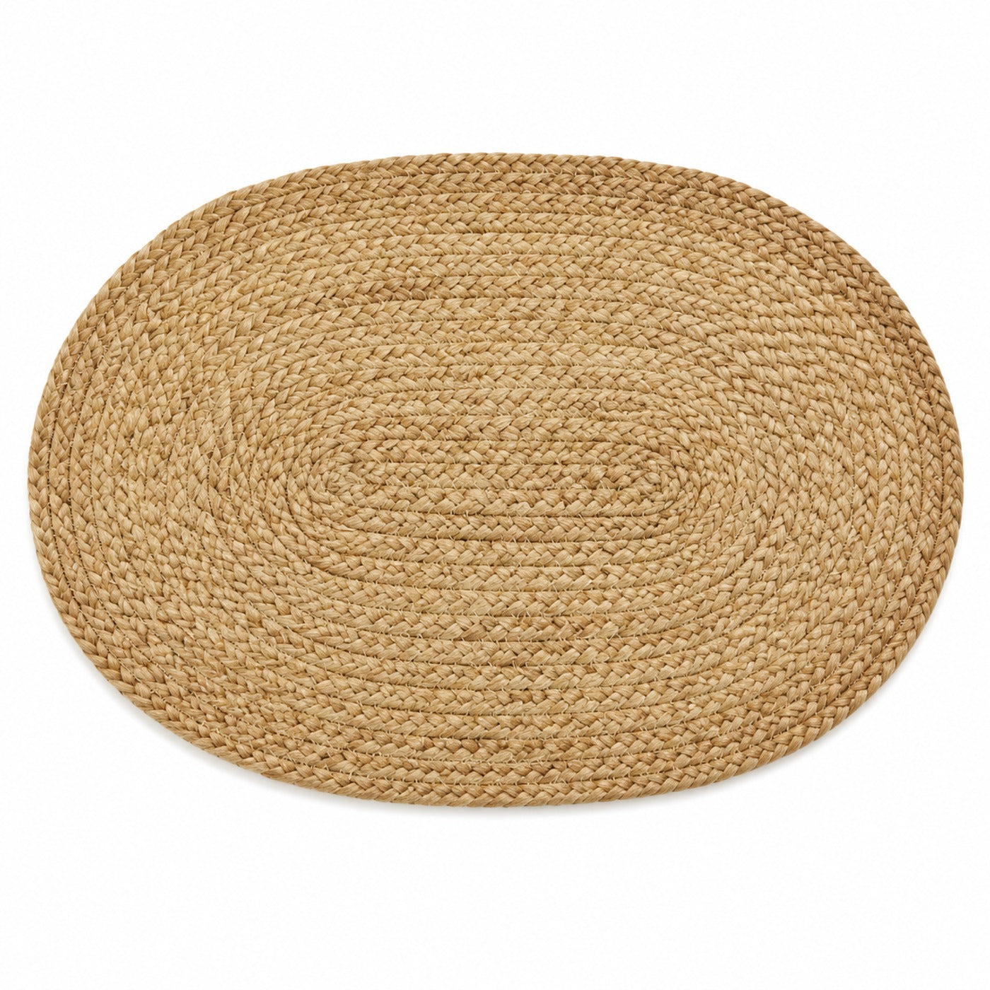 Oval natural jute braided placemat in warm tan with concentric handwoven texture by Primeval