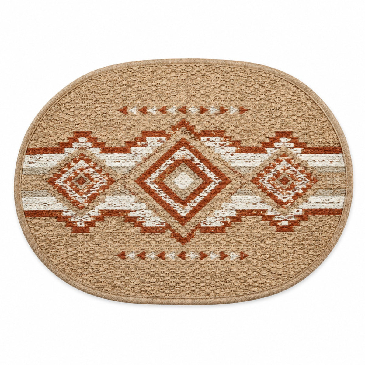 Oval natural jute placemat with rust and ivory tribal diamond motif band, bohemian dining table mat by Primeval
