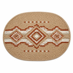 Oval natural jute placemat with rust and ivory tribal diamond motif band, bohemian dining table mat by Primeval