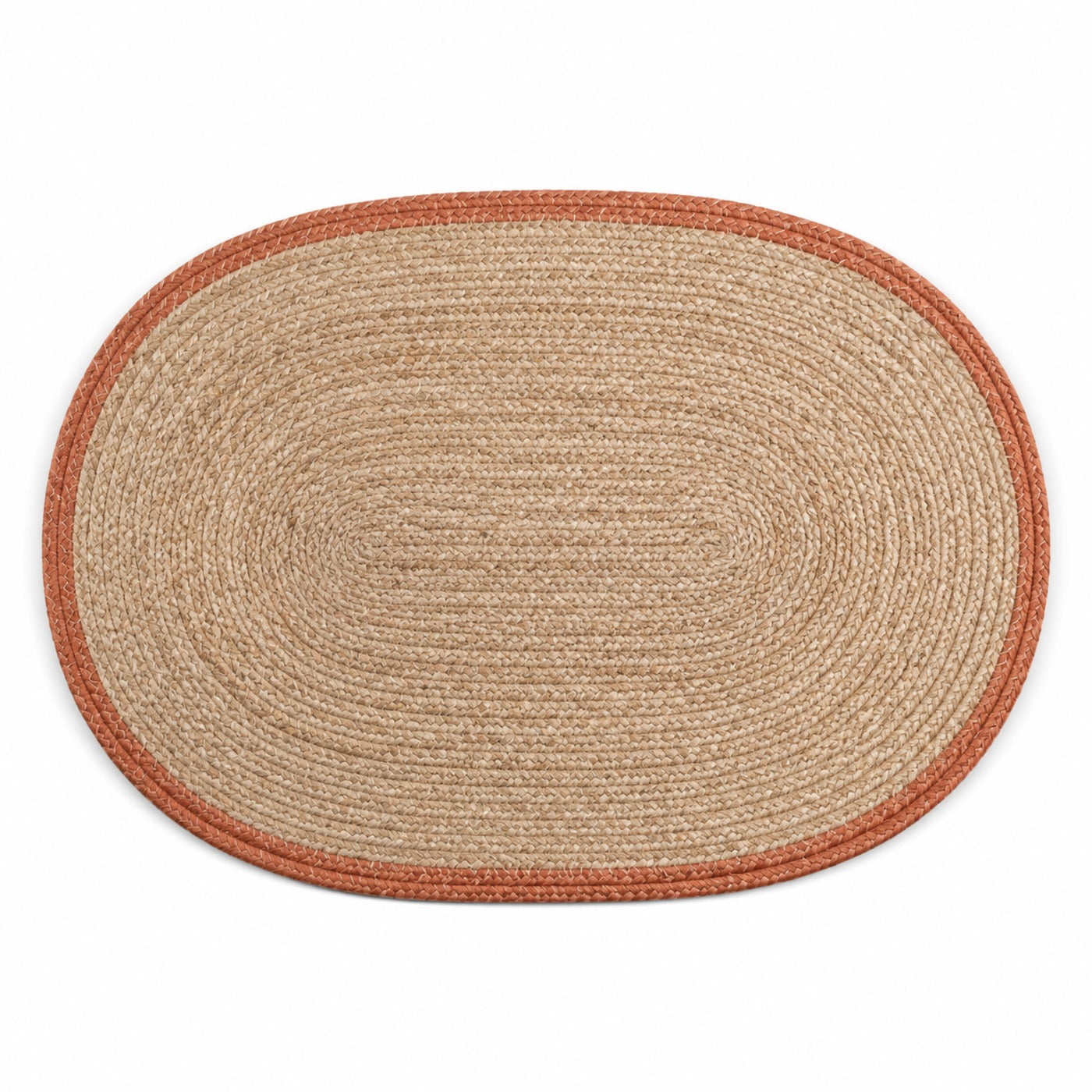 Oval natural woven placemat with rust terracotta contrast border, warm table mat by Primeval