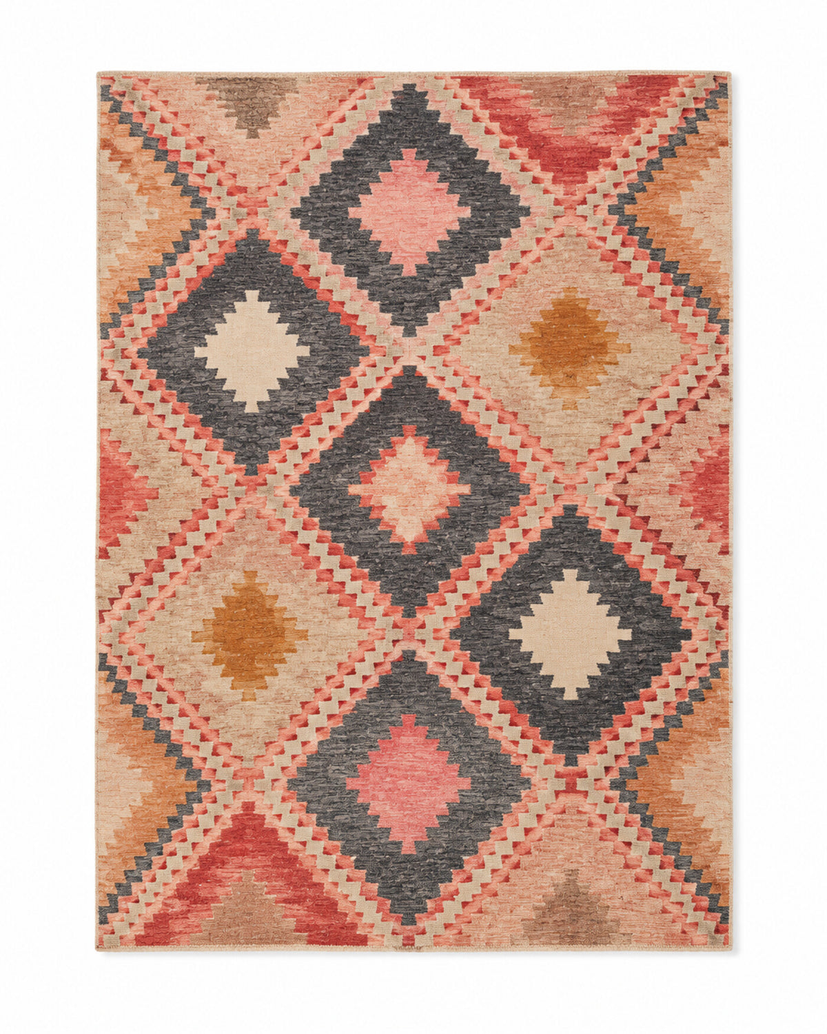 Peach charcoal diamond trellis geometric area rug for wholesale sourcing from India