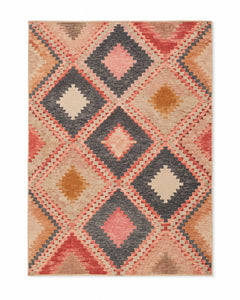 Peach charcoal diamond trellis geometric area rug for wholesale sourcing from India