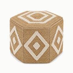 18 inch hexagonal natural jute pouf with ivory diamond tufted geometric detail