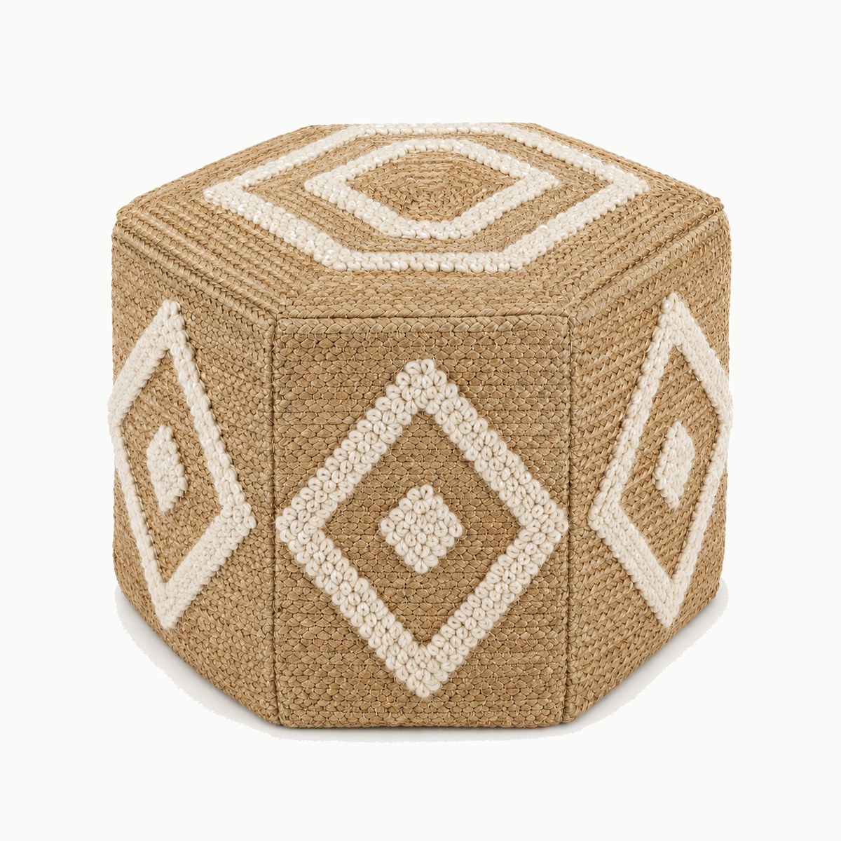 18 inch hexagonal natural jute pouf with ivory diamond tufted geometric detail