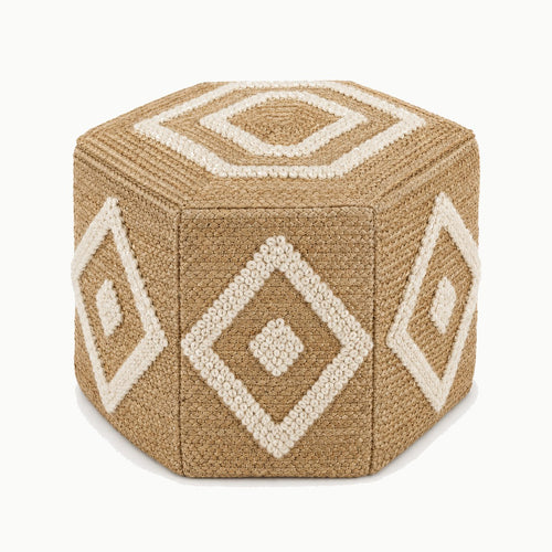 18 inch hexagonal natural jute pouf with ivory diamond tufted geometric detail