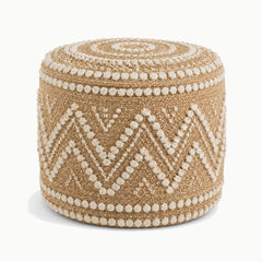 18 inch natural jute round pouf with ivory bobble diamond pattern