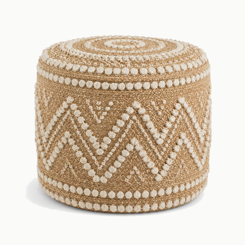 18 inch natural jute round pouf with ivory bobble diamond pattern