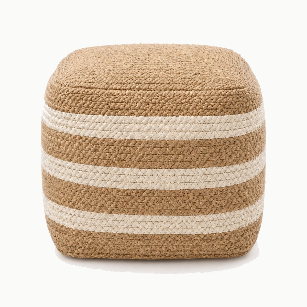 18 inch square natural jute pouf with ivory horizontal stripes