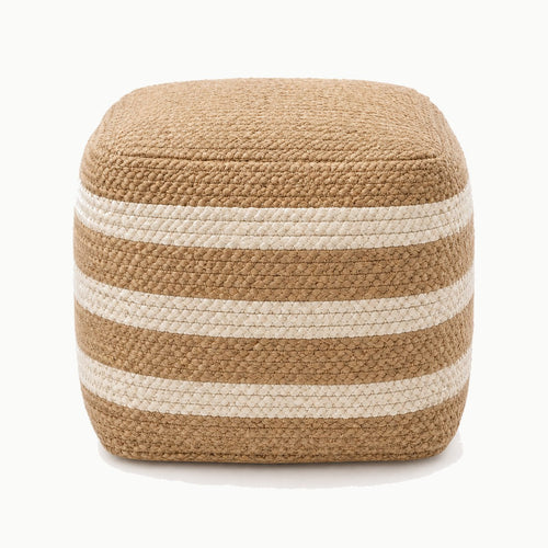 18 inch square natural jute pouf with ivory horizontal stripes