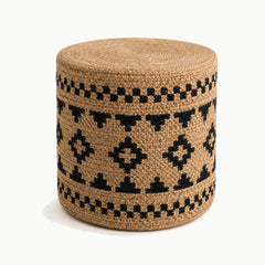 18 by 20 inch tall cylindrical natural jute pouf with black tribal geometric pattern